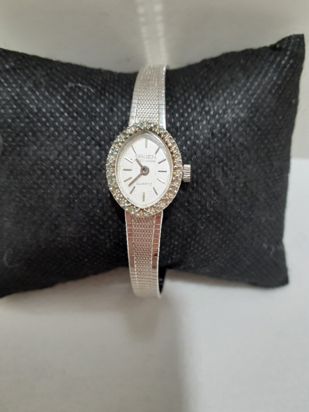 Vintage Gruen Precision Ladies Wristwatch Diamond Accents Silver Tone